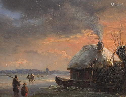 Winter scene with figures skating, 19th century Dutch