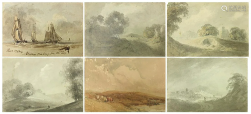 Boats and landscapes, six 19th century sepia and wash