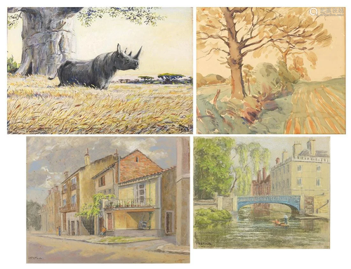 Venetian canal, landscapes and rhino, four watercolours