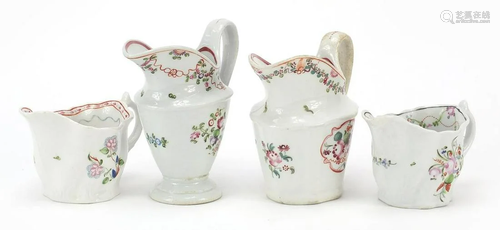 Four 18th century Newhall cream jugs hand painted with