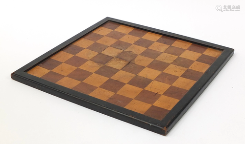 19th century ebonised, satinwood and rosewood chess