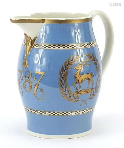 18th century creamware jug gilded with armorial stag