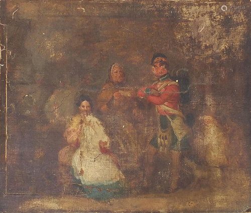 Soldier in military dress with figures, oil on