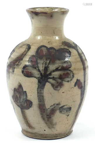 Large studio pottery vase hand painted with flowers,