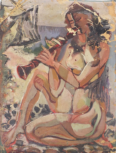 Nude female playing an instrument, surreal oil on