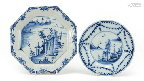 Two 18th century tin glazed plates, one English, one