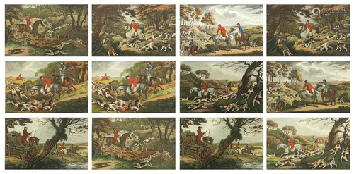 Fox-hunting, twelve antique prints in colour, unframed,