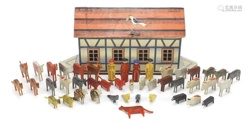 Old wooden Noah's ark with carved woodens animals