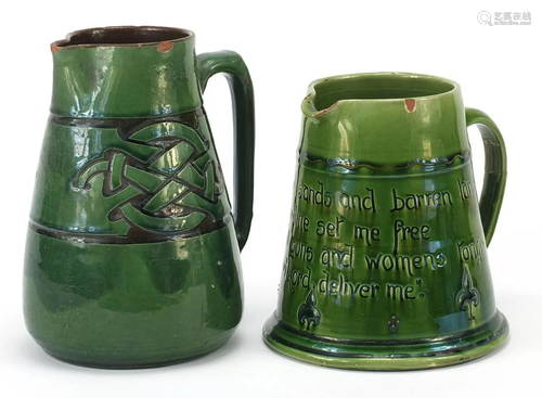 C H Branham, two green glazed jugs made for Liberty &