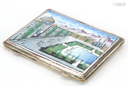 Persian enamelled silvered cigarette case hand painted