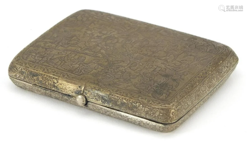 Persian silver cigarette case engraved with a battle