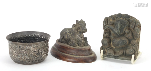 Indian objects to include a white metal bowl, white