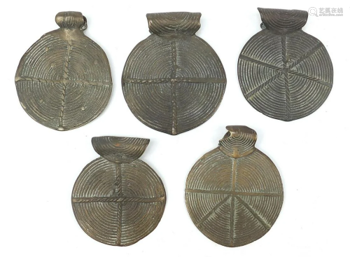 Five African Benin style bronze talismans, the largest