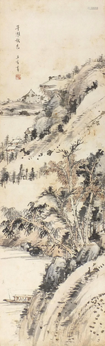 Chinese wall hanging scroll depicting a mountainous