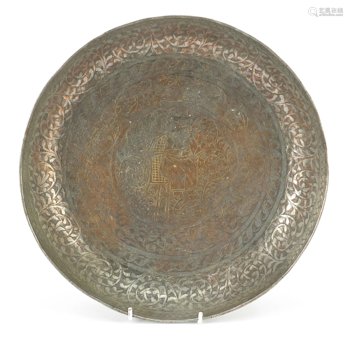 Turkish silvered copper dish engraved with a figure