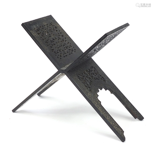 Anglo Indian ebonised hardwood folding bookrest carved