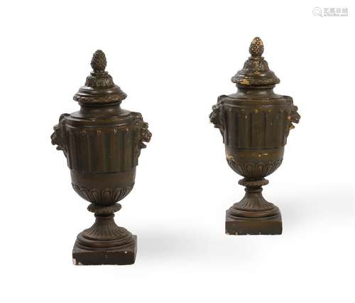 A PAIR OF PAINTED PLASTER URNS, LATE 19TH/EARLY 20TH CENTURY