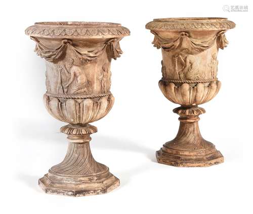 AFTER THE ANTIQUE, A PAIR OF PLASTER URNS, 19TH CENTURY