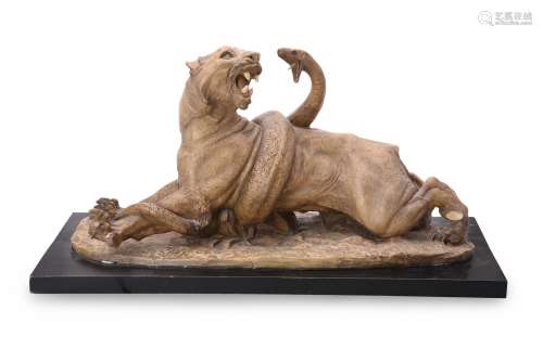 A FRENCH PLASTER GROUP OF A PANTHER AND SNAKE, EARLY 20TH CE...