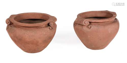 A PAIR OF COMPTON POTTERY TERRACOTTA 'SCROLL' POTS, EARLY 20...