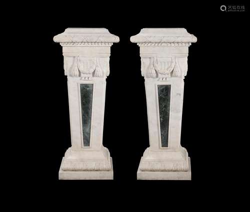 A PAIR OF WHITE MARBLE AND VERDE ANITICO PEDESTAL STANDS, IN...