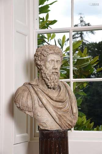 AN ITALIAN WHITE MARBLE BUST OF THE ROMAN EMPEROR MARCUS AUR...