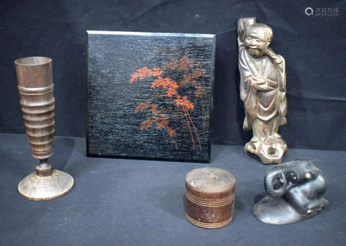 A Japanese wooden box together with a hardwood Chinese