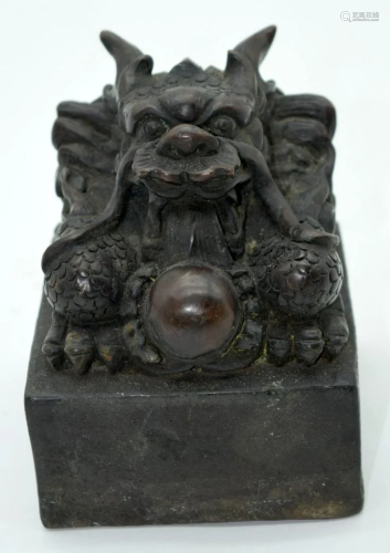 A Large Chinese bronze beast seal 12 x 10cm .