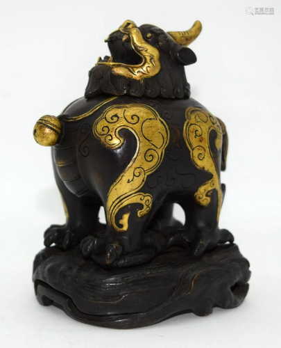 A small Chinese gilded bronze lidded censer in the form