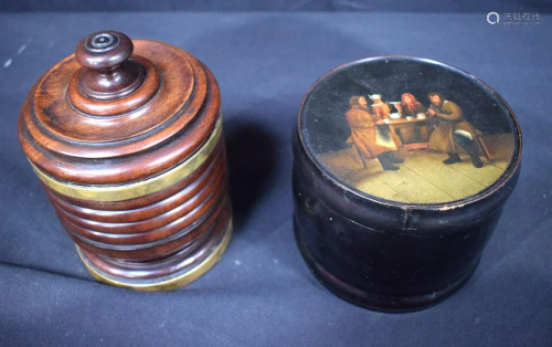 A treen lidded and banded caddy together with a wooden
