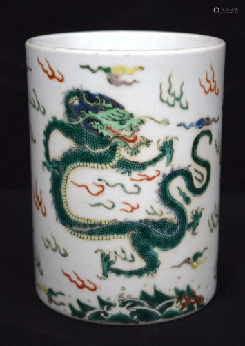 A Chinese Porcelain famille-verte brush pot decorated