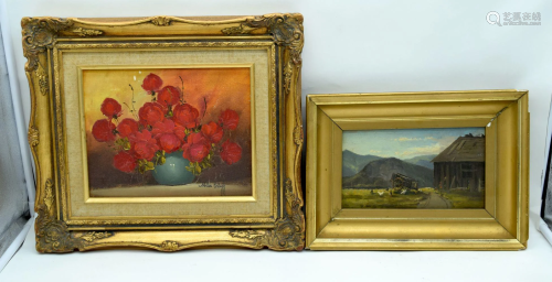 A small framed oil on canvas of a study of red roses by