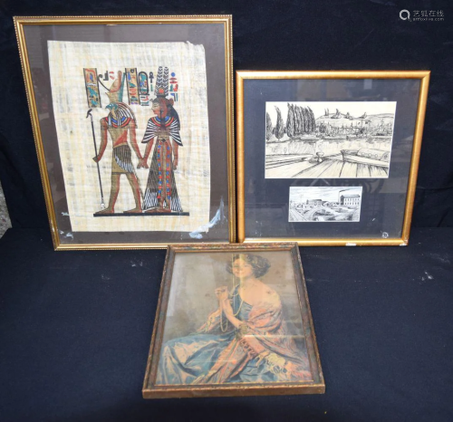 An Egyptian framed painting on papyrus and two framed