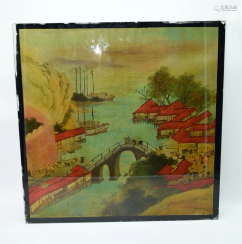 A Chinese reverse painted picture of a river scene 47 x