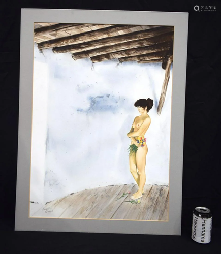 A large watercolour of a nude South East Asian female