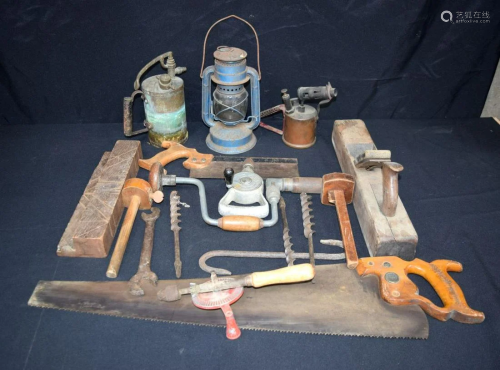 A group of vintage tools and an Oil lamp (Qty).