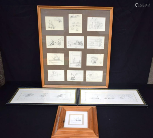 A collection of framed prints of charcoal drawings by E