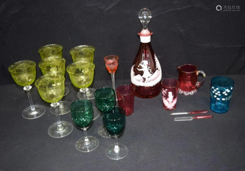 A collection of vintage coloured & engraved glasses