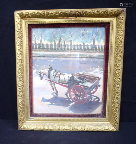 A framed watercolour by H Bush of a male on a cart 34 x