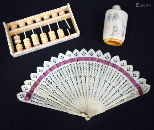 A collection of Chinese Ivory items, snuff bottle, fan
