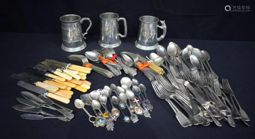 A collection of flatware and plated items mugs,