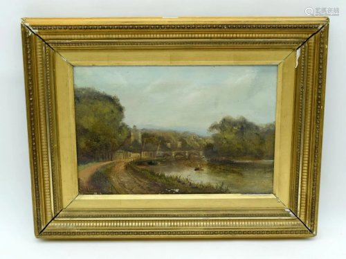 A framed 19th century oil on canvas of a river bank