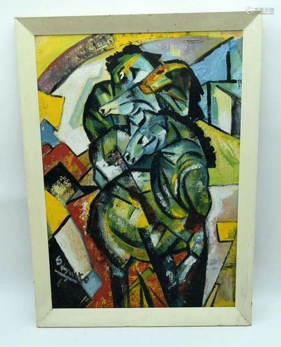 A framed oil on canvas cubist horses by Soeranto 53 x