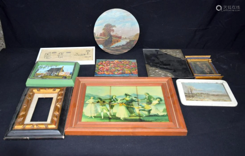 Miscellaneous collection Oil on boards, framed tiles