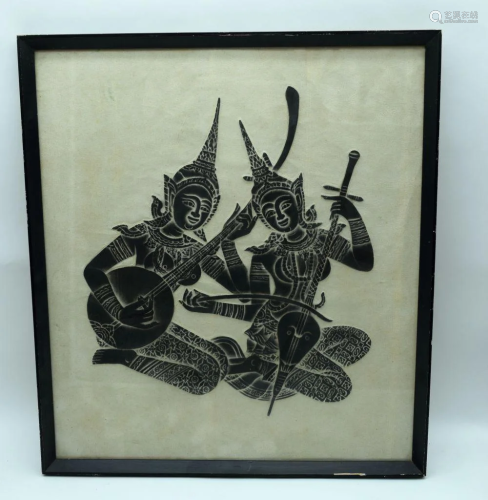 A framed print of two South East Asian musicians 49 x