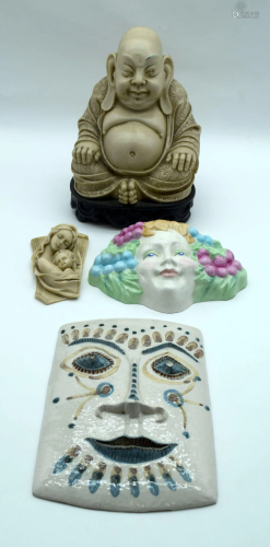 A Faux Buddha , small European plaque, a ceramic wall