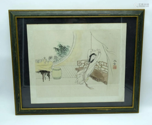 A framed Chinese silk painting of a female. 34 x 42cm.