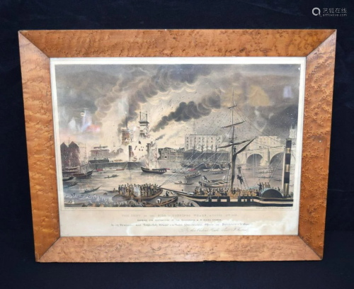 A framed coloured lithograph of the fire at Toppings