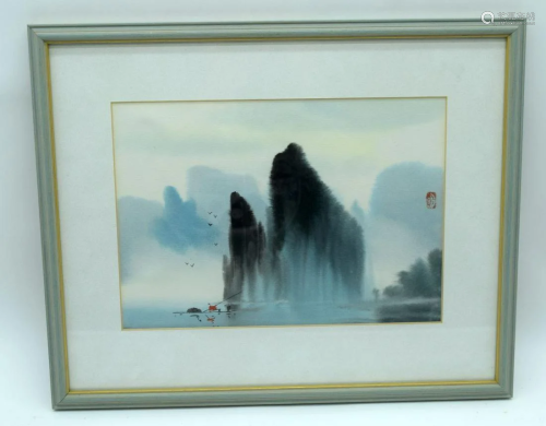 A framed South east Asian watercolour of a fisherman