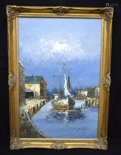 A large framed oil on canvas of a sailing barge at a